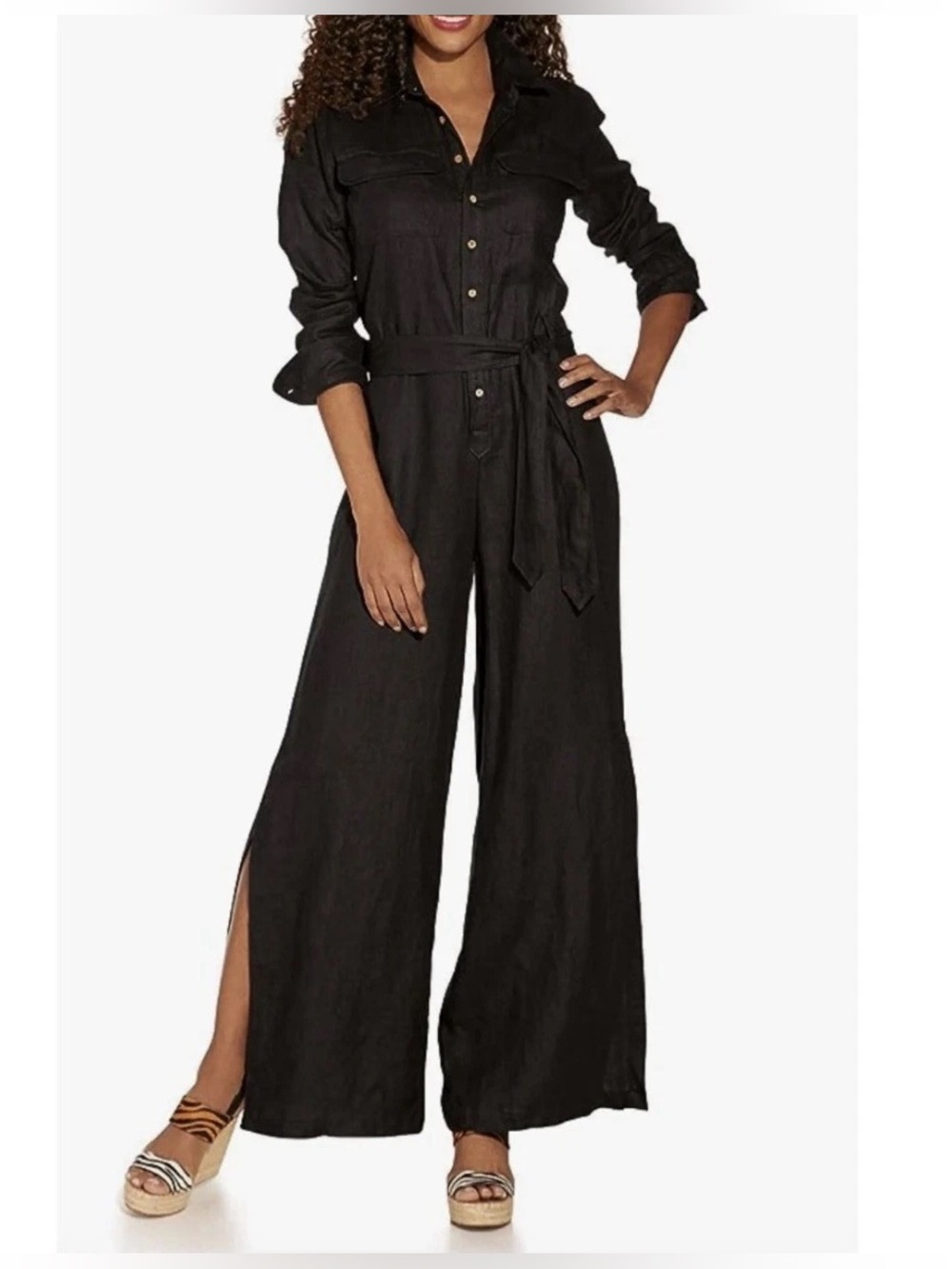 Boston Proper Black Wide-Leg Utility Linen Jumpsuit with Self-Tie Belt - Picture 2 of 8